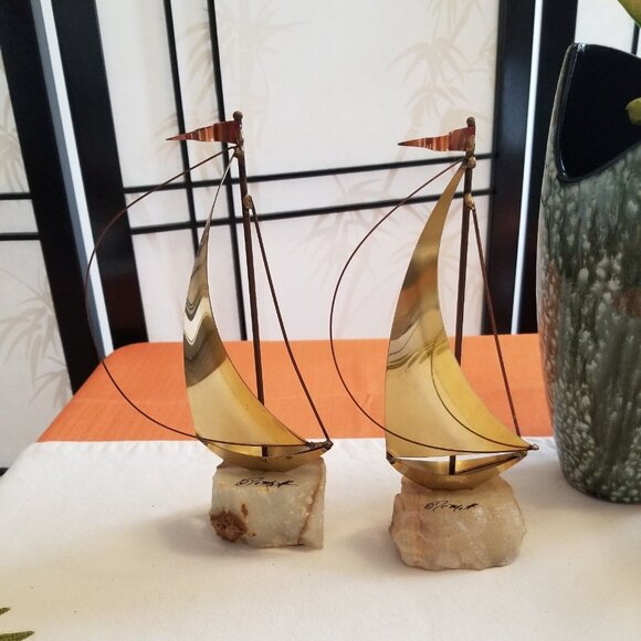 1975 MCM Copper Sailboat Sculpture on Alabaster Base - John DeMott - Picture 1 of 4